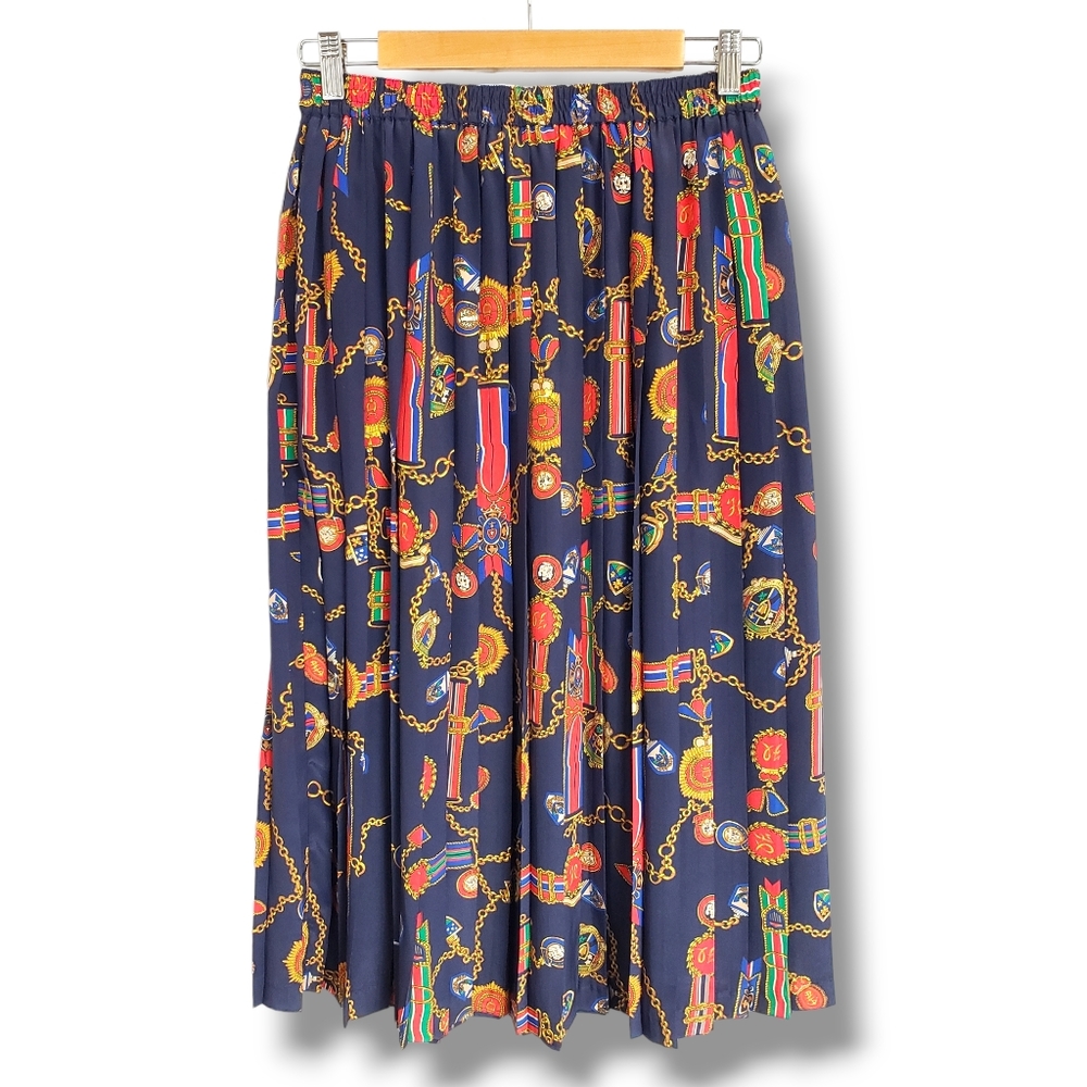 Vintage Alfred Dunner Regal Medal Flag Patterned Pleated Midi Skirt